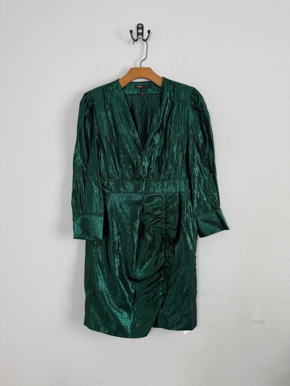 Maje Green Metallic Long Sleeve Party Mini Dress Sz 38